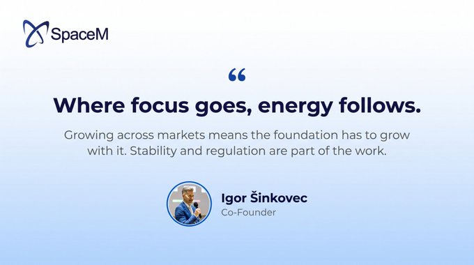 A promotional graphic for SpaceM featuring a quote: 'Where focus goes, energy follows.' by Igor Šinkovec, Co-Founder.