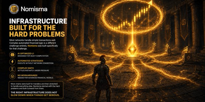 Dark fantasy-style advertisement for Nomisma crypto project with text 'INFRASTRUCTURE BUILT FOR THE HARD PROBLEMS' highlighting features like AI Optimized L1, Automated Strategies, Complex Math, and No Workarounds.