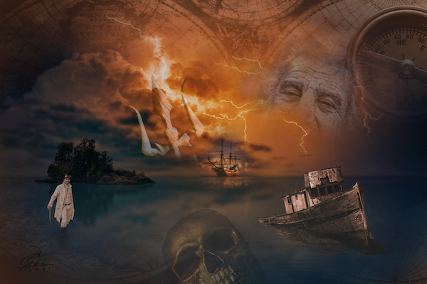 A dark, surreal digital artwork featuring a compass, a man's face with closed eyes, a skeletal figure, a small ship, an island with a person in white, and a sinking ship against a stormy, lightning-filled sky.