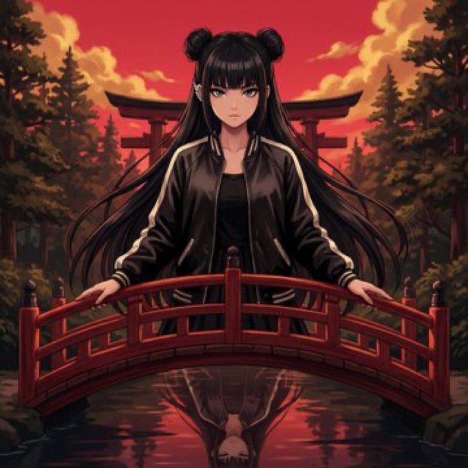 An anime-style illustration features a young woman with long black hair in double buns, wearing a black varsity jacket, standing on a red bridge with a torii gate and red sky behind her.