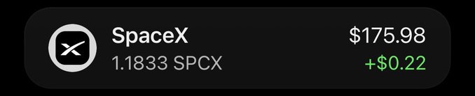 Apple Wallet-style stock ticker widget showing SpaceX at $175.98, up $0.22, with 1.1833 SPCX held.