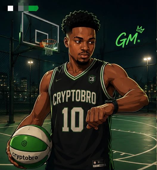 A digital illustration of a basketball player on an outdoor court wearing a black and green jersey that reads "CRYPTOBRO 10", holding a ball labeled "Cryptobro", with "GM." and a crown written in green.