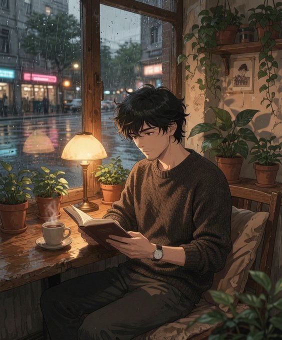 An anime-style illustration of a young man with dark hair sitting by a rainy window, reading a book next to a lit lamp and a steaming cup of coffee, surrounded by potted plants.