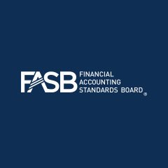 The logo for the FASB (Financial Accounting Standards Board) displayed in white on a dark blue background.