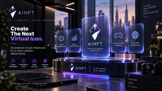 A promotional image for AINFT showing glowing purple digital interfaces floating above a platform, with text promoting the creation of AI-powered virtual influencers for Web3.