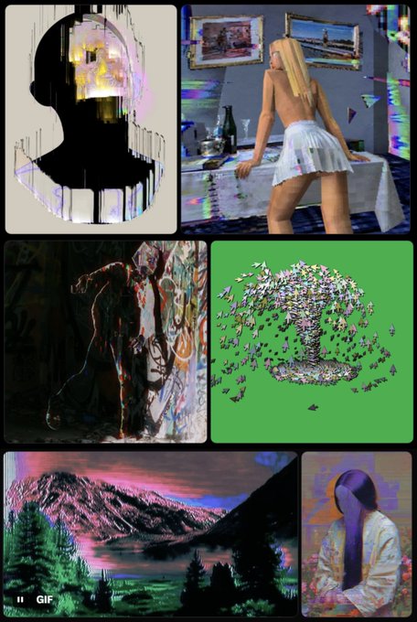 A collage of various AI-generated or digital art images, including a silhouette with a glowing head, a woman in a white skirt, a figure with graffiti, a tree dispersing into butterflies, a mountain landscape labeled 'GIF', and a person in a headscarf.