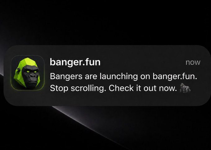 A dark-themed push notification from "banger.fun" featuring a green-hooded gorilla icon, alerting users "Bangers are launching on banger.fun. Stop scrolling. Check it out now." with a timestamp of "now." The image directly mirrors the accompanying post's urgent call-to-action, reinforcing the "stop scrolling" messaging as a promotional notification for the platform's launch.