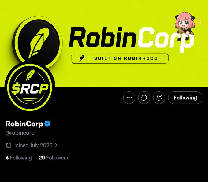 A Twitter/X profile page for RobinCorp (@robincorp), featuring a bright yellow banner with the "RobinCorp" logo, a small anime-style character, and a "$RCP" ticker emblem, with the account joined in July 2026, 4 following, and 29 followers. The image directly visualizes the post's hype of RobinCorp as an "early find gem" built on Robinhood, with the "$RCP" token and cartoon mascot reinforcing the playful, shill-style promotion.