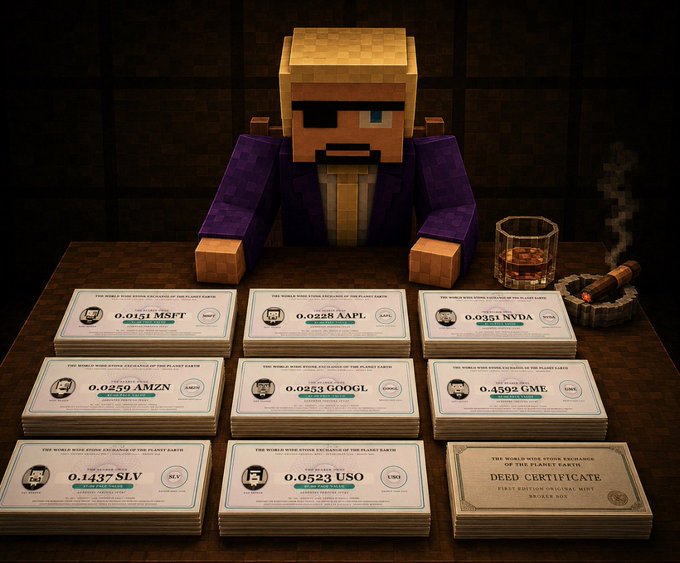 A 3D-rendered scene featuring a Minecraft-style character sitting at a desk covered with stacks of 'World Wide Stock Exchange' certificates for tickers like MSFT, AAPL, NVDA, AMZN, GOOGL, GME, SLV, USO, and a 'DEED CERTIFICATE'.