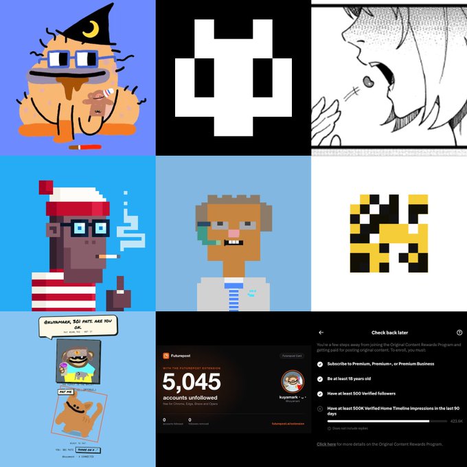 Collage of pixel art characters, a news article about X content rewarding creators with the text '5,045 accounts unfollowed', and an X platform screen listing requirements like 'Subscribe to Premium, Premium+, or Premium Business' and 'Be at least 18 years old'.