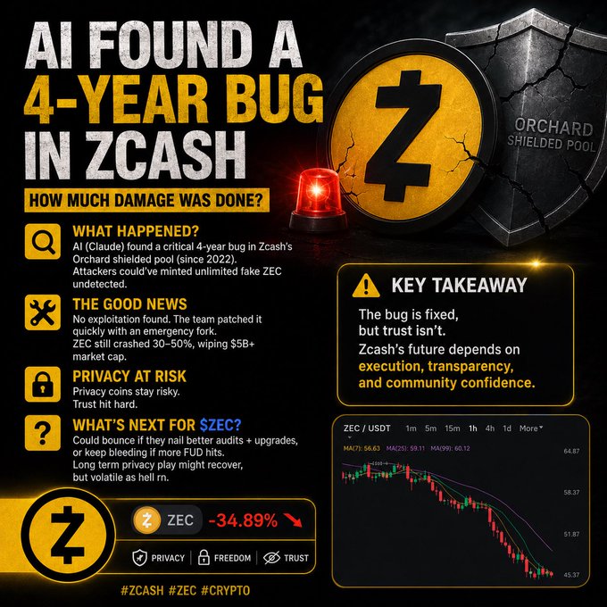 The image shows a close-up of a Zcash logo with a red light above it, and the text "AI FOUND A 4 YEAR BUG IN ZASH" below the logo. It also includes details about the bug's discovery by security researcher Taylor Hornby in 48 hours and the subsequent recovery or recovery attempt, though it is unclear whether the bug was fixed or not. The post suggests that an AI-based bot might be causing the bug since "Zcash just lost ~48% in 48 hours".
