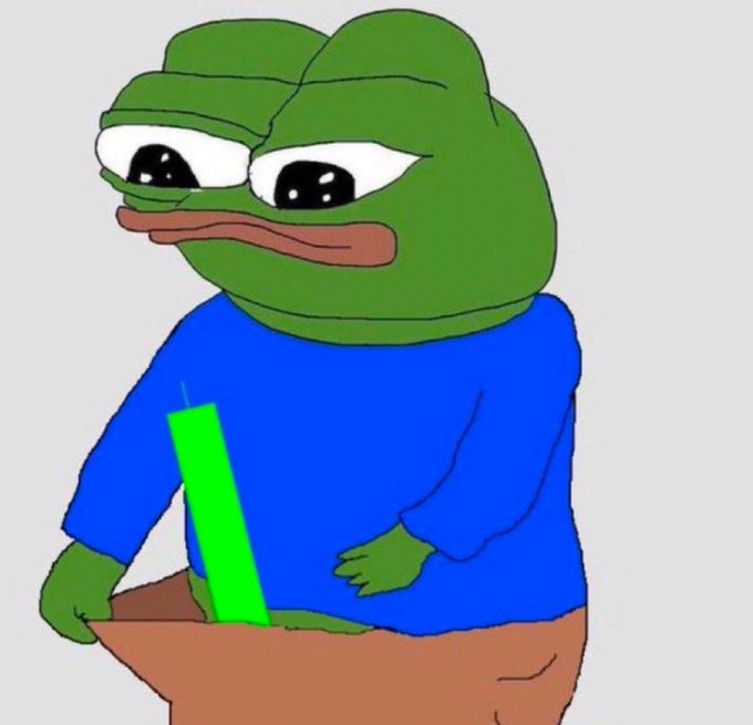 A cartoon of a sad-looking Pepe the Frog wearing a blue sweater holds a green candle (resembling the 'hodl' meme) against a plain background.