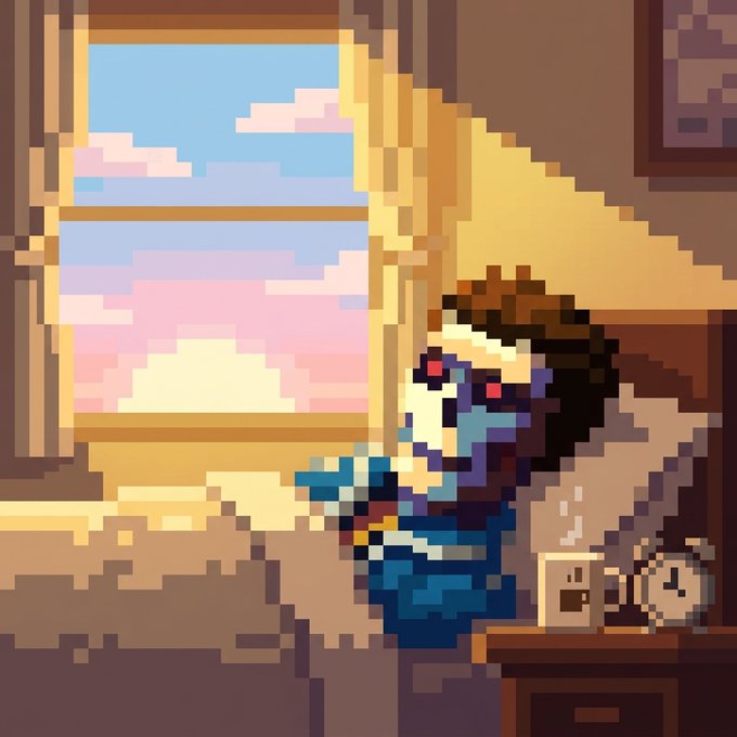 A pixel art illustration shows a person with dark hair and red eyes sitting by a large window, gazing out at a soft pink and blue sky.