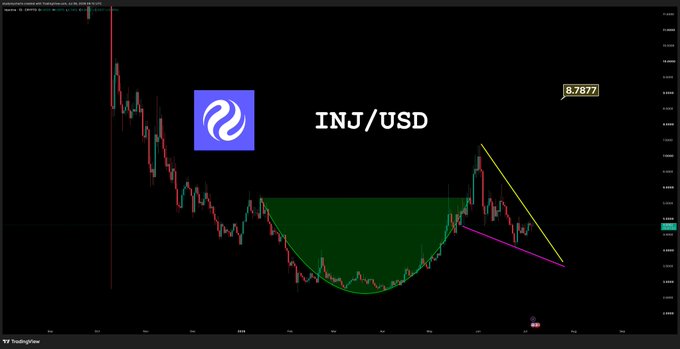 A TradingView candlestick chart of INJ/USD shows a large rounding bottom (cup) pattern highlighted in green, with descending trendlines forming after a rejection near $8.7877, suggesting potential bearish continuation following the post's uncertain "$INJ hmmm" sentiment.