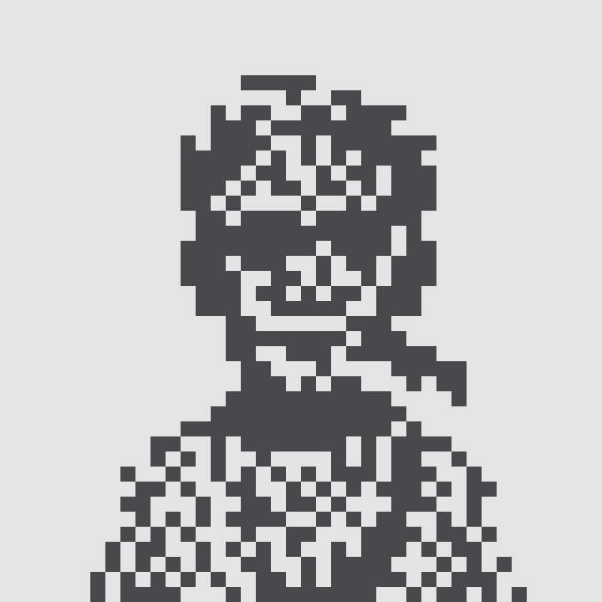A pixelated, low-resolution black and white portrait depicting a hooded figure's face.