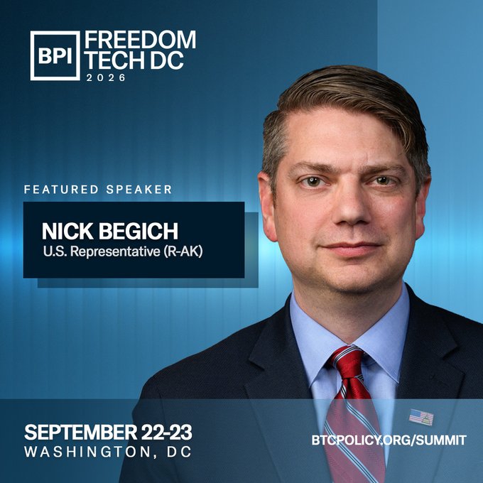 A promotional graphic for 'BPI Freedom Tech DC 2026' featuring Nick Begich, U.S. Representative (R-AK), as a featured speaker for the September 22-23 event in Washington, DC.