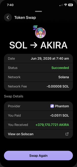 A mobile phone screenshot of a completed Token Swap on Phantom wallet, showing SOL → AKIRA swap of 0.0511 SOL for +379,170.7721 AKIRA on the Solana network, dated Jun 29, 2026.