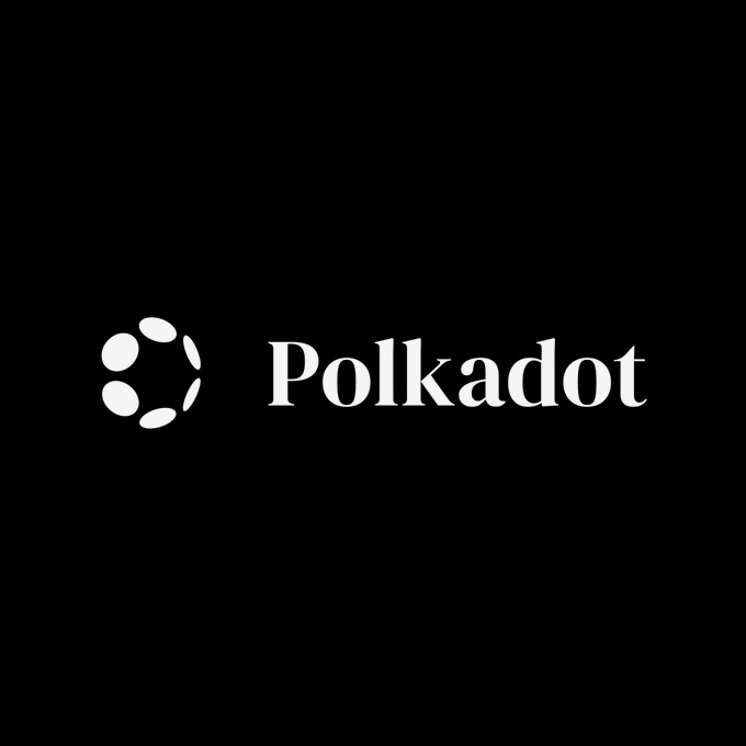 The image displays the Polkadot logo and wordmark in white against a black background, featuring the project's signature circular dot emblem beside the "Polkadot" text. It serves as a visual identifier for the brand announcement regarding the launch of dotUSD, their decentralized stablecoin governed through the DOT DAO via OpenGov.