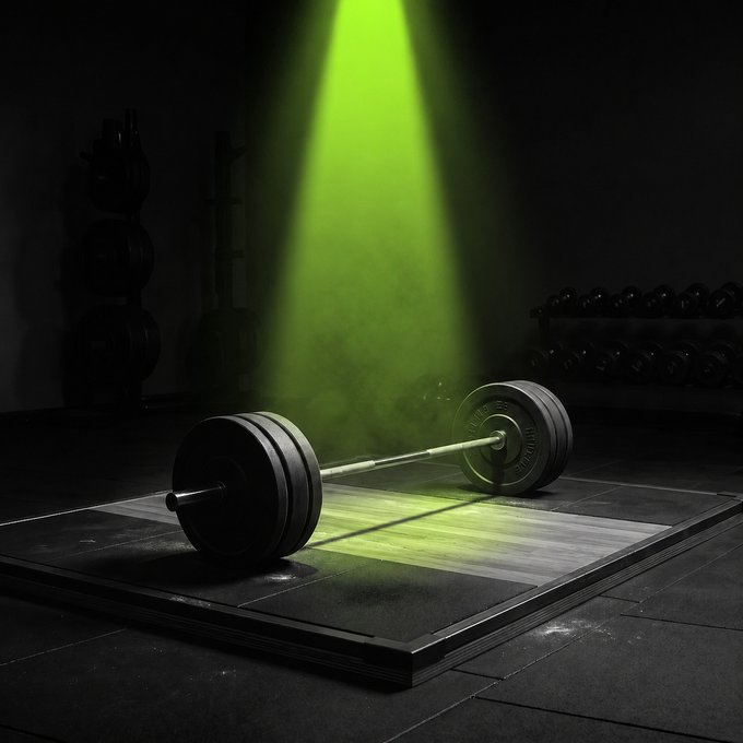 A barbell sits on a lifting platform in a dark gym, dramatically illuminated by a single green spotlight shining down on it.

The image visually reinforces the "lock in" message—the spotlight acts as a spotlight moment of focus, symbolizing dedication, discipline, and intensity in the gym, while the post serves as a motivational call to commit fully to the day ahead.