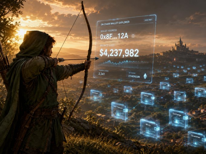 Fantasy artwork of a hooded archer aiming at a glowing 'ON-CHAIN WALLET EXPLORER' holographic display showing a balance of $4,237,982 USD, with floating transaction nodes for DKG Transfer, Exchange, WcR, and Scammer above a landscape with a castle.