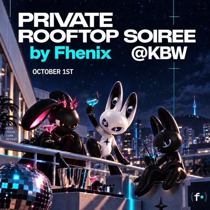 A promotional poster for "Private Rooftop Soiree by Fhenix @KBW" on October 1st features three stylized bunny characters in party attire enjoying cocktails on a rooftop overlooking a nighttime cityscape with a disco ball and a "PEEK TRADE EARN REPEAT" badge. The image directly supports the post's invitation to Fhenix's exclusive KBW event at 6pm, where attendees can collect privacy-themed merch.