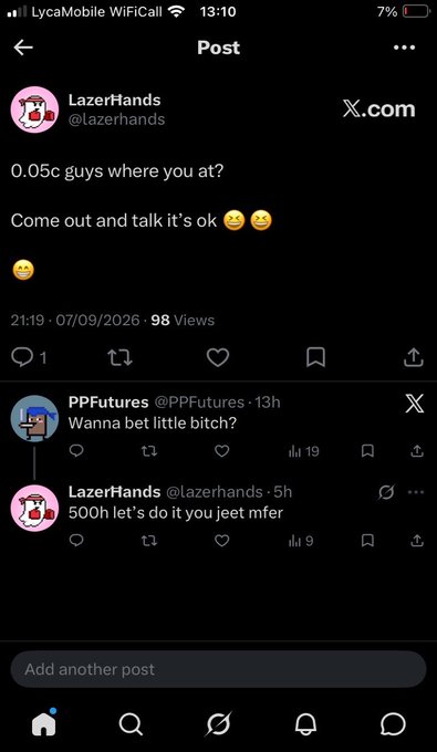 A screenshot of an X.com post by LazerHands (@lazerhands) reading '0.05c guys where you at? Come out and talk it's ok' followed by crying emojis, with a reply from PPFutures below.
