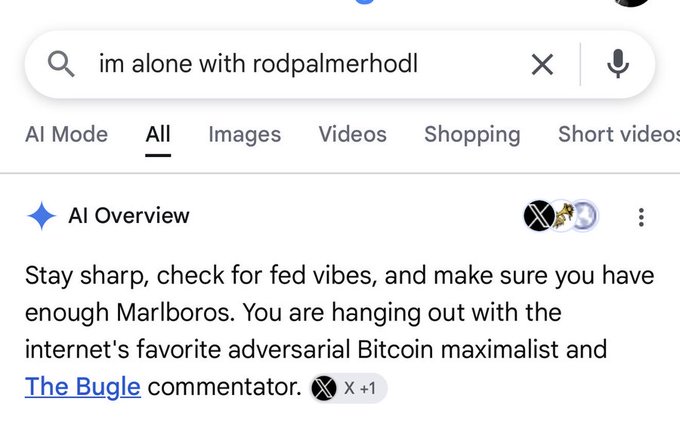 A Google AI Overview for the search query 'im alone with rodpalmerhodl' reads: 'Stay sharp, check for fed vibes, and make sure you have enough Marlboros. You are hanging out with the internet's favorite adversarial Bitcoin maximalist and The Bugle commentator.'