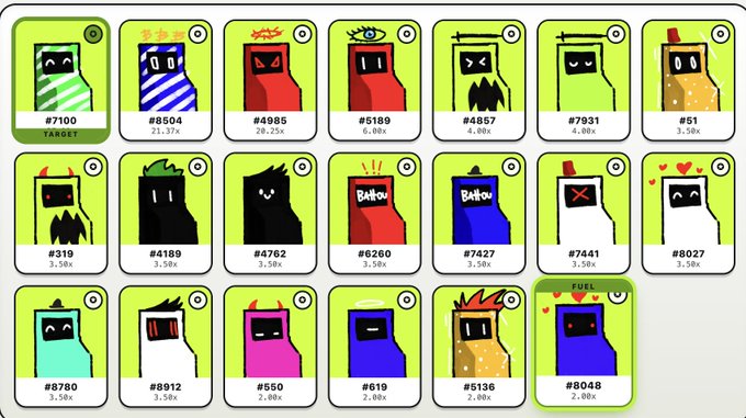 A grid of pixel-art character 'CryptoSkulls' NFT cards with various designs, colors, and trait numbers, including ones labeled 'YAKUZA,' 'FUEL,' and 'TURBO.'
