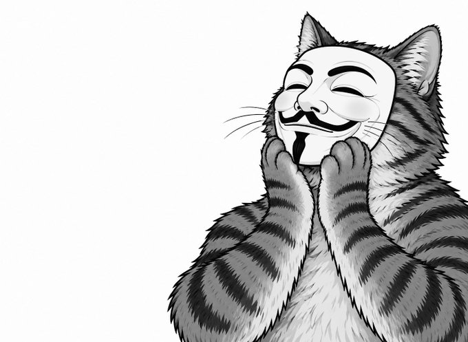 A striped tabby cat wears a Guy Fawkes (V for Vendetta) mask while gleefully pressing its paws to its cheeks in a mischievous, laughing pose, evoking the iconic anonymous meme used in crypto communities — a fitting visual pun for the "$VCAT" token that blends "cat" with the rebellious "V for Vendetta" aesthetic.