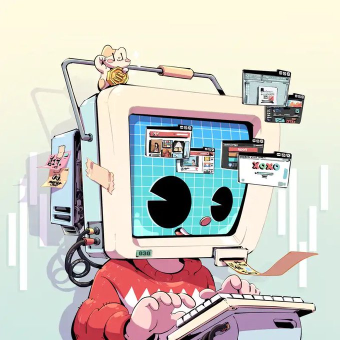 An anime-style artwork features a character with a retro computer monitor for a head, displaying a Pac-Man-like face on the screen, surrounded by floating browser windows and typing on a keyboard.