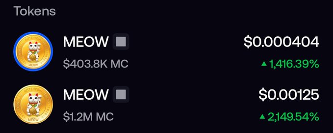 The image shows two memecoins both named "MEOW" trading at $0.000404 (with $403.8K market cap, up 1,416.39%) and $0.00125 (with $1.2M market cap, up 2,149.54%), humorously illustrating the post's reference to people fighting between two competing Kittehcoins.