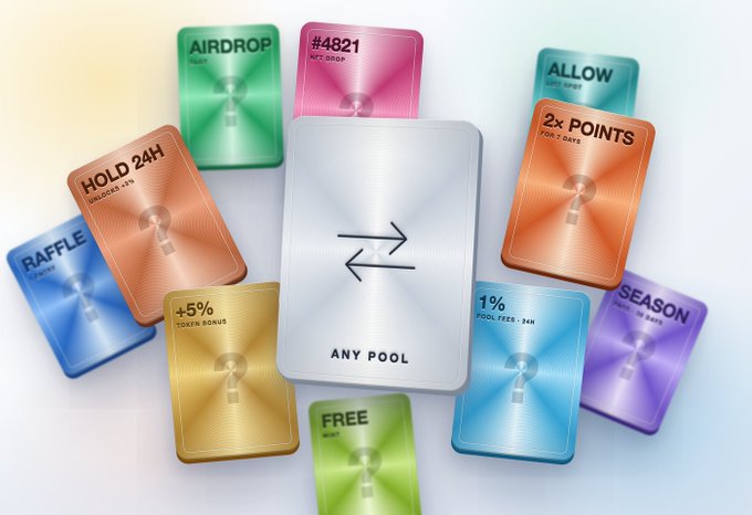 Product display of colorful metallic cards labeled with various crypto DeFi features like 'AIRDROP', 'HOLD 24H', 'RAFFLE', '+5% TOKEN BONUS', '2x POINTS', '1% POOL FEES', 'SEASON', and 'FREE MINT', arranged around a central 'ANY POOL' card.