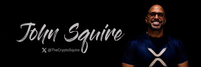 A promotional banner featuring John Squire with his X handle '@TheCryptoSquire', shown wearing a dark shirt with an X logo.