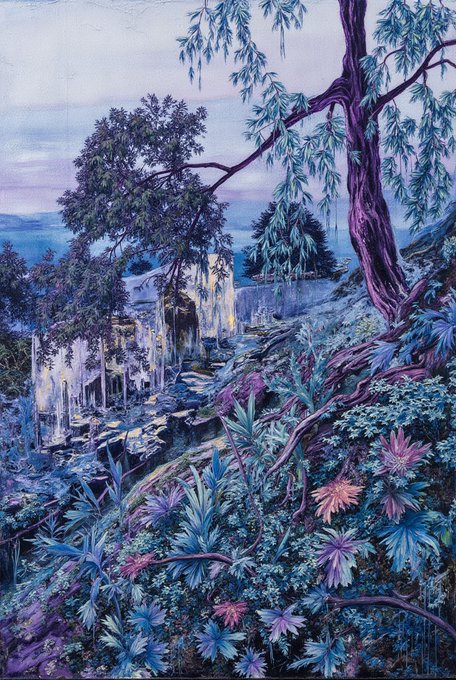 A fantastical landscape painting featuring a stone castle nestled among trees and lush vegetation, rendered predominantly in cool blue and purple tones with hints of pink flora.