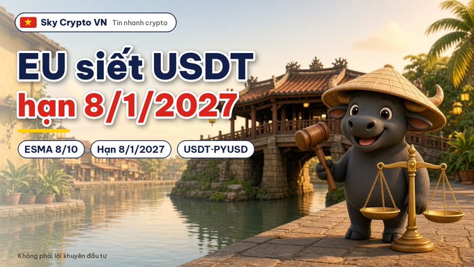A thumbnail-style graphic from 'Sky Crypto VN' announcing 'EU siết USDT hạn 8/1/2027' (EU tightens USDT by Jan 8, 2027), featuring an animated water buffalo in a Vietnamese setting.