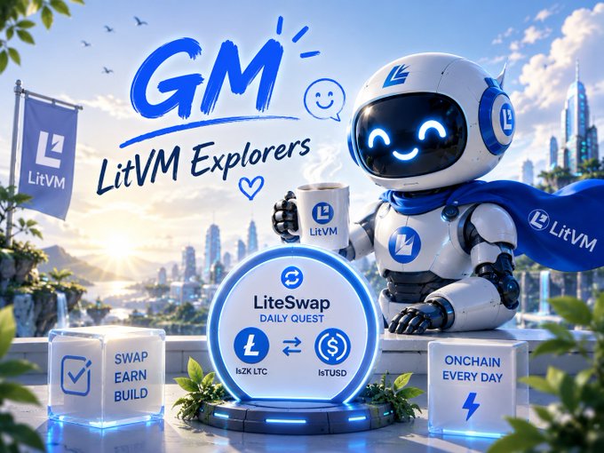 The image features a robot with a blue helmet, holding a cup of coffee while standing next to a white circle that says "LiteSwap Daily Quest". The background shows an urban cityscape with buildings and trees. The text on the image reads "GM LitVM Explorers LiteSwap Daily Quest done on @LitecoinVM via @Arkada_gg Just completed 3 successful swaps lsZK LTC lsTUSD Simple, fast and helps build real onchain activity".