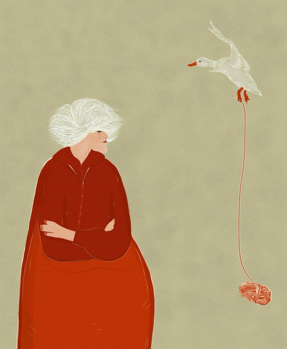 An illustration of a white-haired elderly woman in a rust-red hooded robe looking up at a white bird (resembling a goose) flying while holding a string attached to a ball of red yarn.