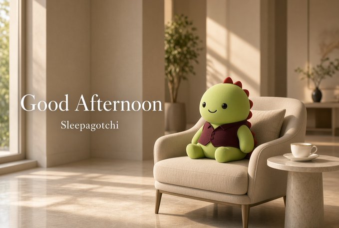 A cute green dinosaur plushie wearing a vest on a sunlit chair in a modern room, with the text "Good Afternoon Sleepagotchi".