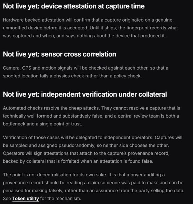 A dark-themed text document outlines three pending features in white text: 'Not live yet: device attestation at capture time', 'Not live yet: sensor cross correlation', and 'Not live yet: independent verification under collateral', with the last section referencing 'Token utility'.