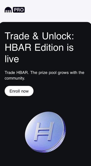 A promotional graphic featuring text 'Trade & Unlock: HBAR Edition is live' and 'Trade HBAR. The prize pool grows with the community' with an 'Enroll now' button and an image of a blue HBAR cryptocurrency coin at the bottom.