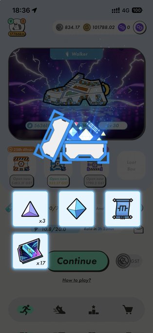 A mobile game screenshot featuring a sneaker NFT labeled 'Walker' with a lightning background, showing in-game rewards including crystals and items, with a 'Continue' button.