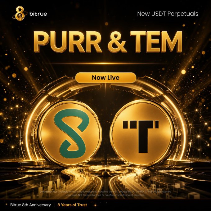 A promotional graphic for Bitrue announces new USDT Perpetuals for PURR and TEM tokens, featuring 'PURR & TEM Now Live' on golden coin designs with 'Bitrue 8th Anniversary | 8 Years of Trust' at the bottom.