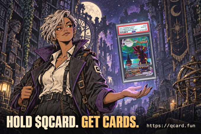An anime-style promotional illustration for '$QCARD' featuring a silver-haired character in a dark coat holding up a graded Charizard Pokemon card, set in a mystical library at night with the text 'HOLD $QCARD. GET CARDS.' and the URL 'https://qcard.fun'.