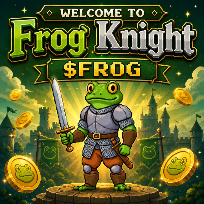 The image features a cartoon frog holding a sword, standing on a platform with a castle in the background. The text "Welcome To Frog Knight $Frog" is displayed above the frog, indicating that this is a welcome message for the game. The title of the game is also shown at the bottom of the image.