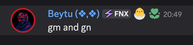 A Discord-style profile showing the username 'Beytu' with various role icons and a 'gm and gn' status message displayed next to an anime-style avatar.