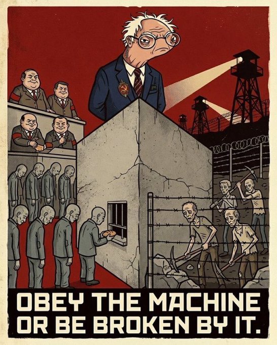A dystopian propaganda poster reading 'OBEY THE MACHINE OR BE BROKEN BY IT,' depicting a bureaucratic figure overseeing workers and prisoners.