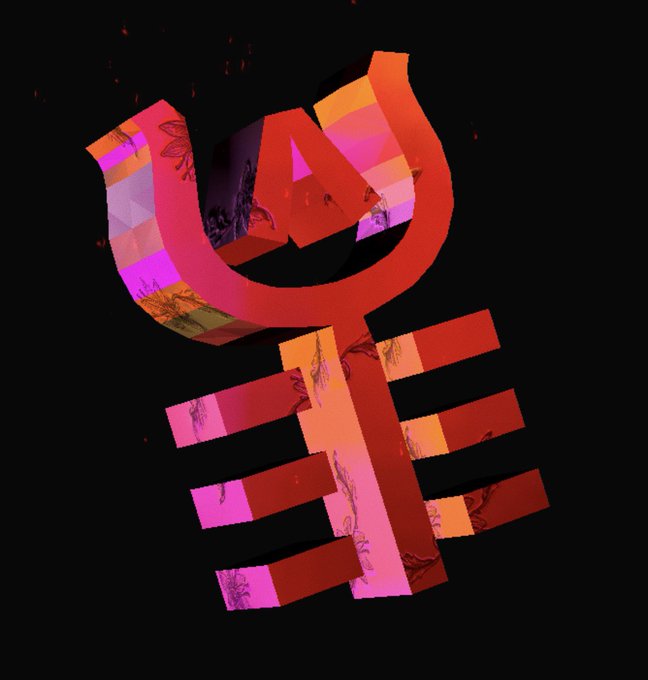 An abstract 3D digital artwork of a stylized symbol resembling a combination of letters or an ankh-like design in red, orange, and purple gradient colors on a black background.