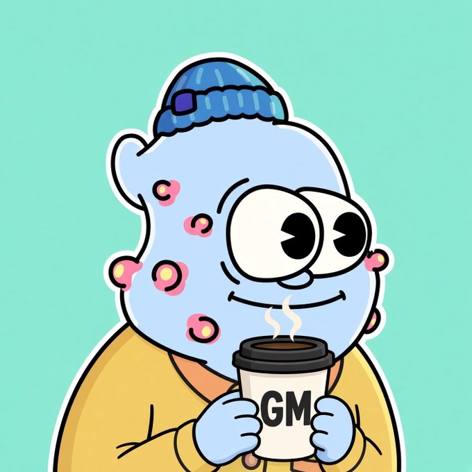 A cartoon illustration of a light blue character with pink spots, wearing a blue beanie and yellow jacket, holding a coffee cup labeled 'GM'.