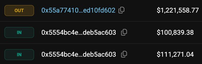 A cryptocurrency wallet transaction history showing an OUT transfer of $1,221,558.77 from address 0x55a77410...ed10fd602, and two IN transactions of $100,839.38 and $111,271.04 to address 0x5554bc4e...deb5ac603.