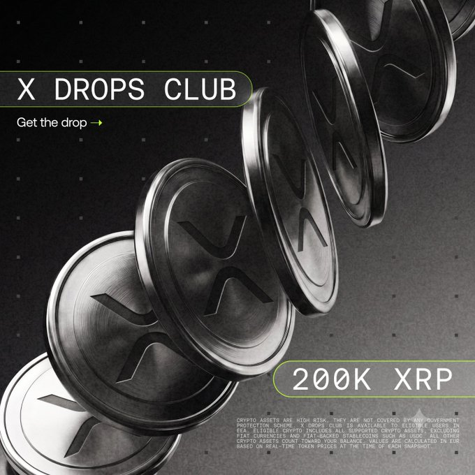 The image is a promotional graphic for "X DROPS CLUB" featuring metallic XRP coins cascading diagonally against a dark background, with text highlighting a "200K XRP" reward pool and a small disclaimer about crypto asset risks at the bottom. The graphic visually reinforces the post's announcement of OKX distributing 200,000 XRP to eligible XRP traders through its rewards program.
